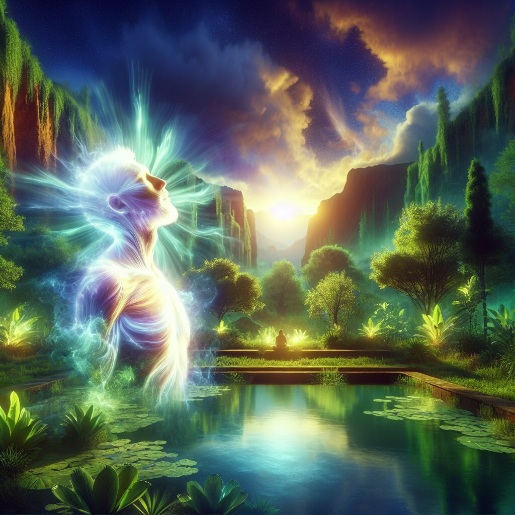 Visualize an image depicting a tranquil scene of divine connection and spiritual strength. Imagine a serene, open-air sanctuary set amidst lush, green landscapes under the vibrant glow of a twilight sky. An individual of mixed descent is portrayed in prayer, emanating an aura of luminous strength. Their face lifts towards the sky, their hands fold in inner. The divine clarity illuminates their being, radiating a powerful sense of tranquility and understanding. The piece should convey deep feelings of peace, guidance, and the strength that comes from spiritual clarity and introspection.
