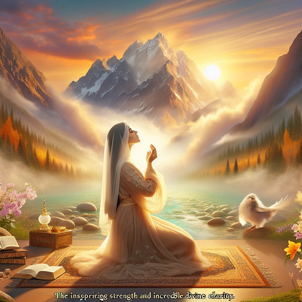 A serene scene signifying prayer: the backdrop is a majestic mountainscape at sunrise, showing the start of a new day. A Middle-Eastern woman, dressed in simple, modest attire, is kneeling on a prayer mat, her hands clasped and her eyes closed in deep meditation. She's facing the mountain, seemingly channeling the ethereal morning light. A soft, golden aura enraptures her, signifying divine clarity. Elements of nature around her, like blooming flowers, singing birds, and a calm, flowing river, create harmony, representing inspirational strength. A caption at the bottom reads: 'Prayer: The Inspiring Strength and Incredible Divine Clarity'.