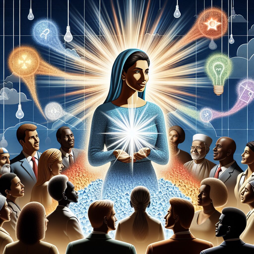 Conceptual representation of inspirational faith having a transformative power in politics. Show a diverse group of individuals engaging in constructive political discourse. One figure, a Hispanic woman, radiates bright light symbolizing her faith and inspirational power. This light affects others, visualized as evolving ideas (represented with thought clouds). Around them, a variety of people of varying descents like Middle-Eastern, Caucasian, Black and South Asian can be seen either participating in the discourse or observing it.