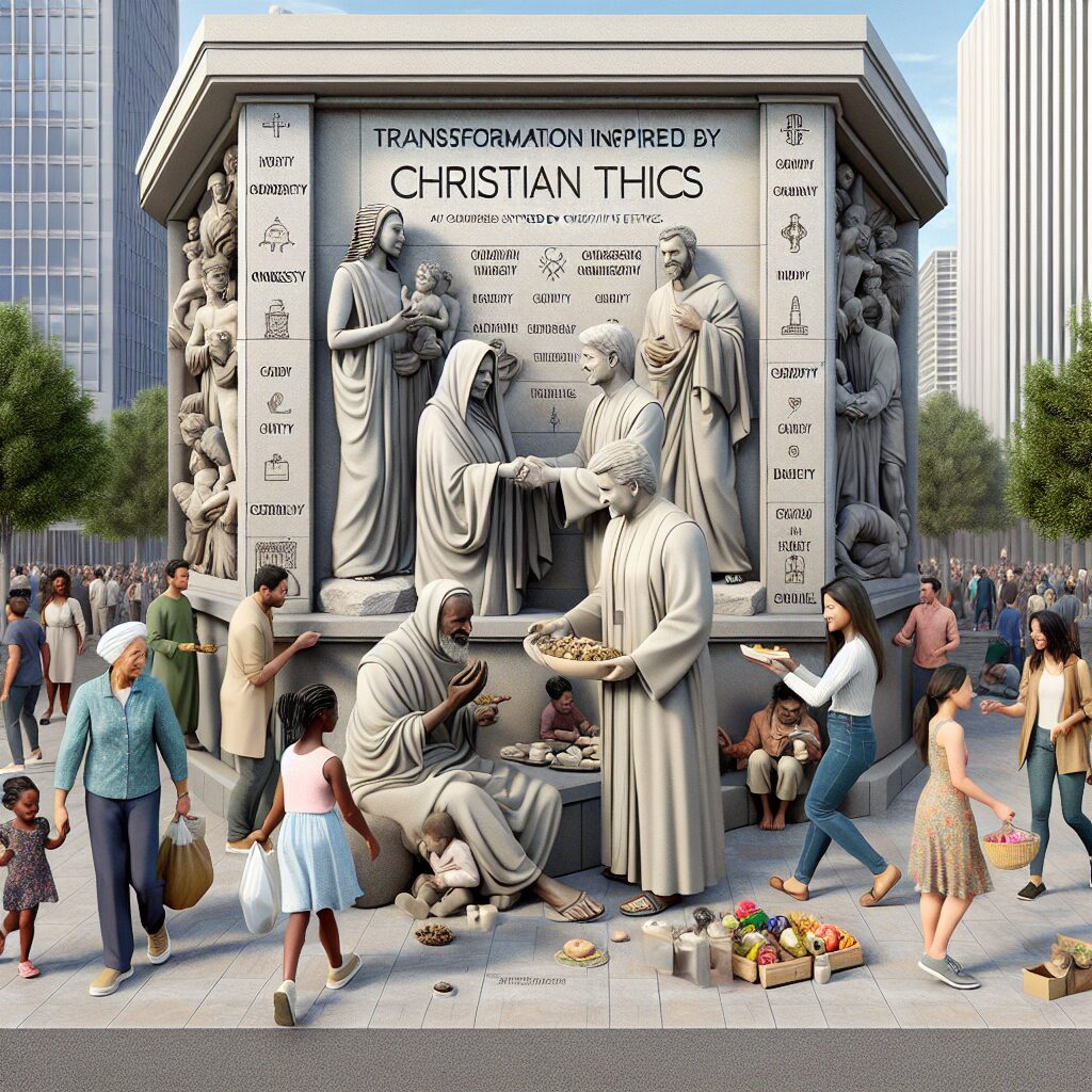 Detailed rendering of a busy city square inspired by Christianity's ethics. At the square's heart, a large stone sculpture carved to symbolize Christian values, with figures showcasing qualities like honesty, compassion, charity, and discipline. People of various descents are seen interacting — a Middle-Eastern man assisting an older Black woman with her shopping, a Caucasian woman handing out food to the homeless which includes South Asian individuals, a Hispanic young woman helping an Asian kid recover his lost ball. The atmosphere is charged with empathy, indicating transformation inspired by Christian Ethics.