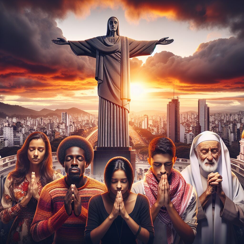 An image depicting a diverse group of Brazilians engaged in prayer at a sunset-lit backdrop of city. In the foreground, a Black woman, a South Asian man, a Middle-Eastern young lady and a Caucasian older man are praying, each with their own devout expressions. They are overlooked by a majestic historical statue, reminiscent of cultural landmarks. In the background, the urban skyline illustrates numerous modern buildings. The setting sun casts a warm, golden light across the scene, symbolizing hope and positivity. A dynamic sky filled with thick cumulus clouds adds drama to the composition.