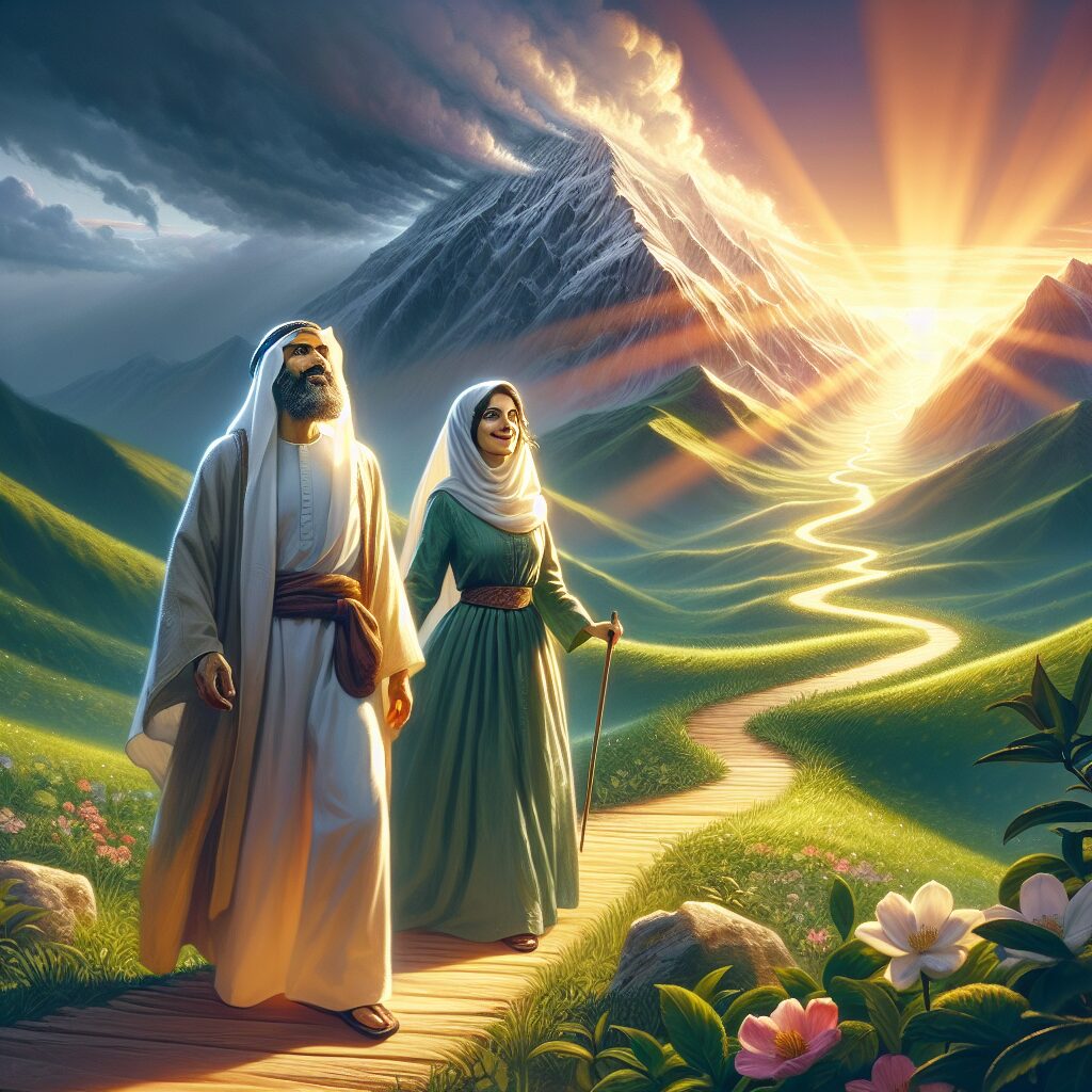 An inspiring scene capturing the path of faith, in an atmosphere characterized by hope and serenity. A Middle-Eastern man and a Hispanic woman are seen walking on a winding path amidst verdant meadows. Looming ahead is a mountain, symbolizing the hurdles and fears of making mistakes. Their faces are filled with determination tempered with peace, alluding to their faith's firmness. Rays from the rising sun strike the scene, casting a vibrant, warm hue that represents the dawn of understanding and acceptance of one's imperfections. The scene should embody a spiritual awakening and an embrace of the journey rather than the fear of failing.
