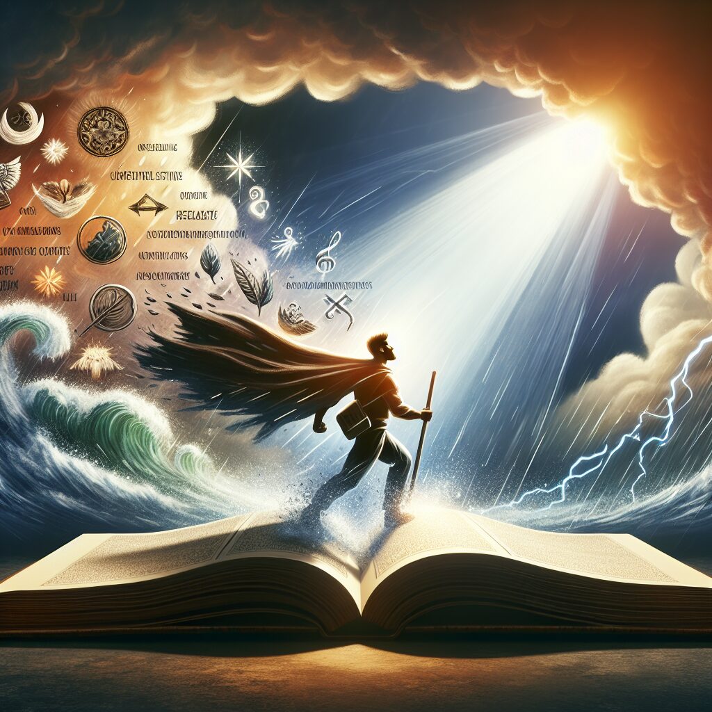Illustrate an inspiring guide for unwavering faith, particularly after facing defeat. The concept should include an open book with motivational quotes and symbols of spirituality. Emphasize resilience, optimism, and belief, as shown by a figure demonstrating courage amidst a storm. Light from above, perhaps representing divine guidance, should also be present. The figure could be of Hispanic descent, indicating the journey of faith among diverse global communities. The spirit of the image should evoke inspiration and spiritual strength.