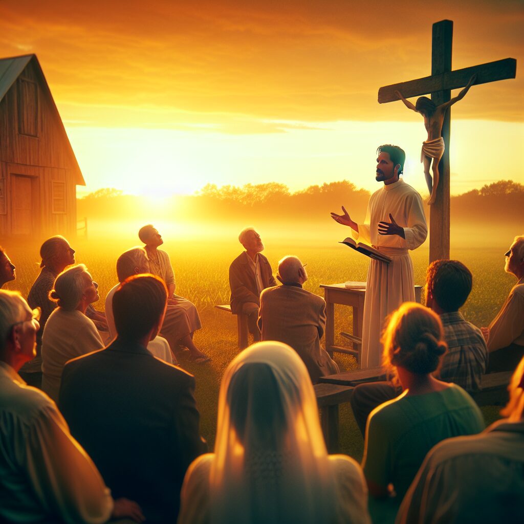 A nuanced, emotive scene featuring a spiritual, Christian gathering under the warm glow of sunset. In the foreground, a determined, Hispanic, male leader is speaking passionately to a diverse group of followers. They are seated on wooden benches, engrossed in the leader's wisdom and kindness. The setting is an outdoor chapel nestled amidst lush, green fields, with the silhouette of an old, wooden cross standing tall against the picturesque sky. As they listen attentively, their faces reflect a mix of hope, inspiration, and tranquility. This way of life is both beautiful and challenging, but eternally rewarding.