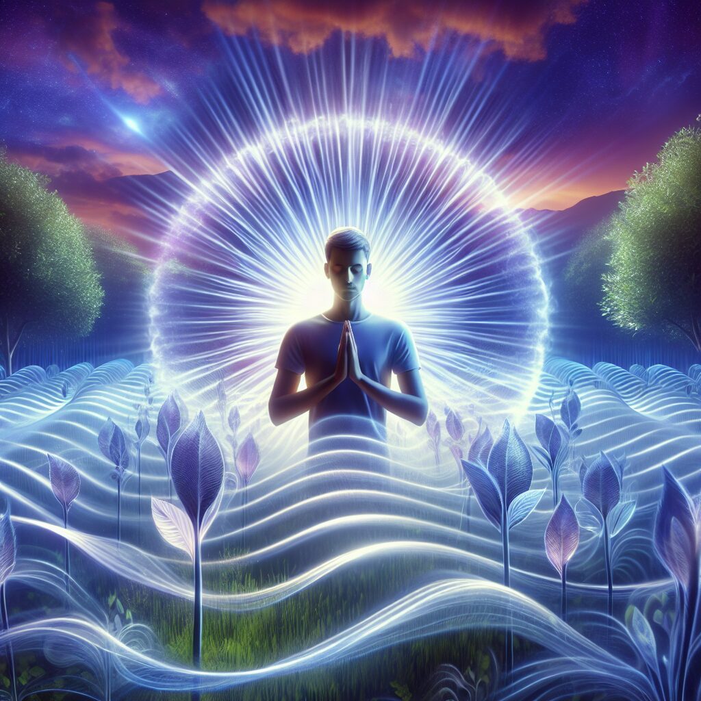 Visualize a calming and serene scenario, perhaps a tranquil garden under a peaceful twilight sky. In the center stands an individual, who could be of any descent, in a state of prayer. They hold their hands together and appear to be in deep meditation. Their eyes are closed in devotion, their expressions are peaceful, and around them, transparent waves of healing energy emanate, creating a soothing aura. This energy has an incredible and transformative effect on the garden, symbolizing growth and prosperity. An awe-inspiring scene that depicts the power and potential of prayer.