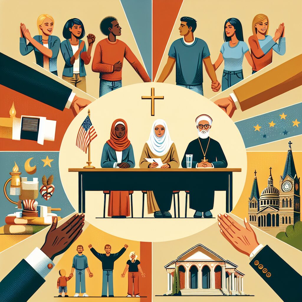 An inspiring scene of a diverse group of individuals, including a Caucasian male, a Middle Eastern female, a South Asian male, a Black female, and a Hispanic Male, demonstrating faith and unity in varying scenarios of political transformation. They could be in a round table discussion, public speaking, helping communities, or having peaceful protests. The elements of faith like a cross, prayer, or church can be intermingled with political symbols such as ballot box, gavel, or legislative buildings.