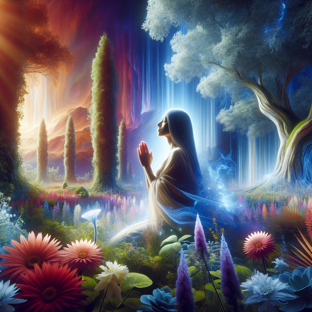 An enlightening scene depicting the amazing power of faith. Involve elements like a serene person in prayer, their eyes closed in quiet devotion. This individual, a South Asian female, is in a tranquil, beautiful garden filled with vibrant flowers and tall, ancient trees to symbolise strength and growth. A soft, otherworldly light permeates the scene, perhaps originating from an unseen source above, suggesting divine intervention or the presence of a higher power. Don't forget to convey the sense of an inspirational driving force through these depiction.