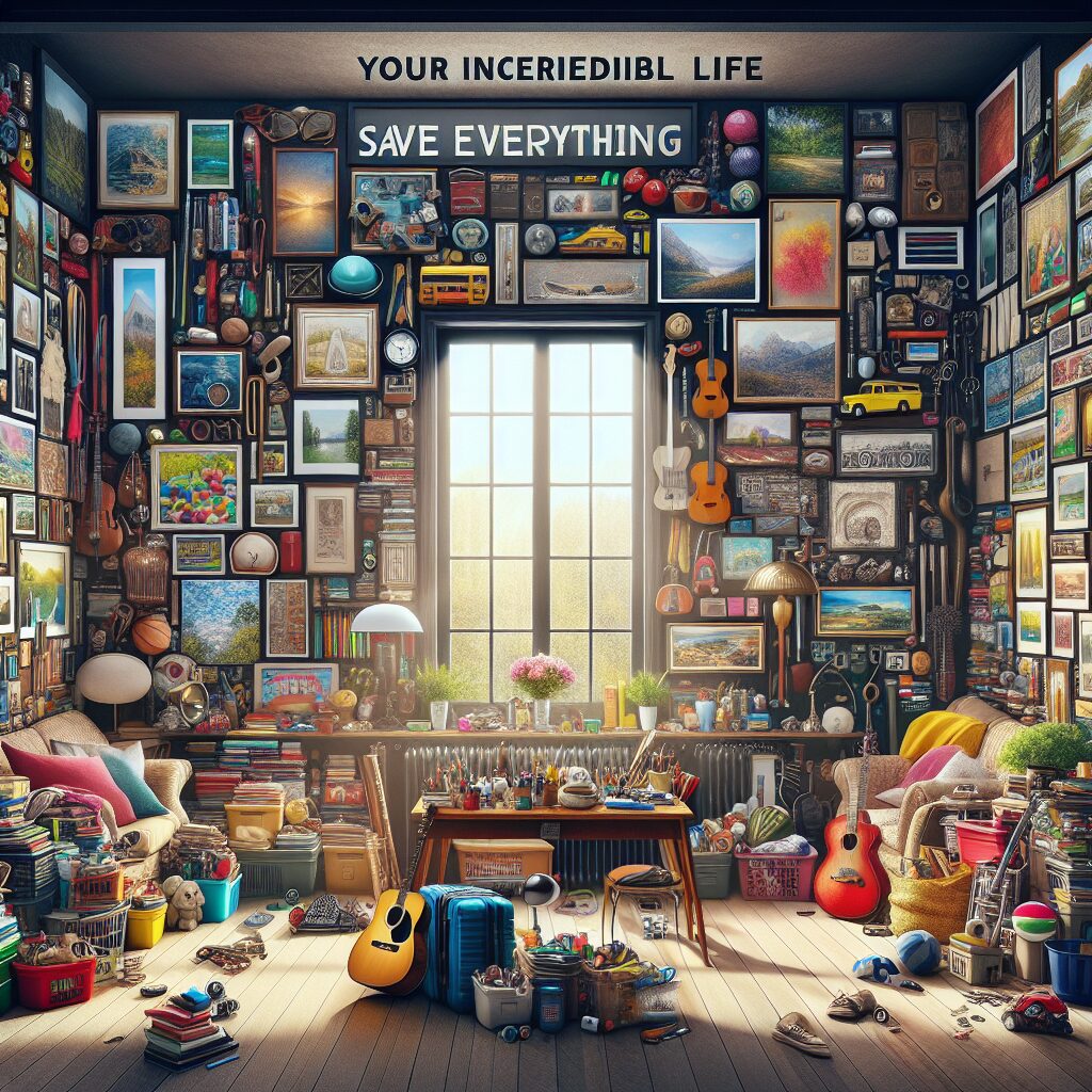 Generate an inspirational image showcasing the transformative journey towards an incredible life. The image should depict a well-organized room filled with various items, signifying the 'save everything' aspect. Include a diverse mix of items that reflect different interests and hobbies, symbolizing a rich and well-rounded lifestyle. Portray distinct elements like books, musical instruments, art supplies, sports equipment, travel memorabilia, and vintage collections. This organized chaos should emanate positivity and invite the viewer for a closer look, stimulating their curiosity. The room should also have big windows, allowing the sunshine to highlight the vibrant colors within, representing the incredible life one can lead with a 'save everything' approach.