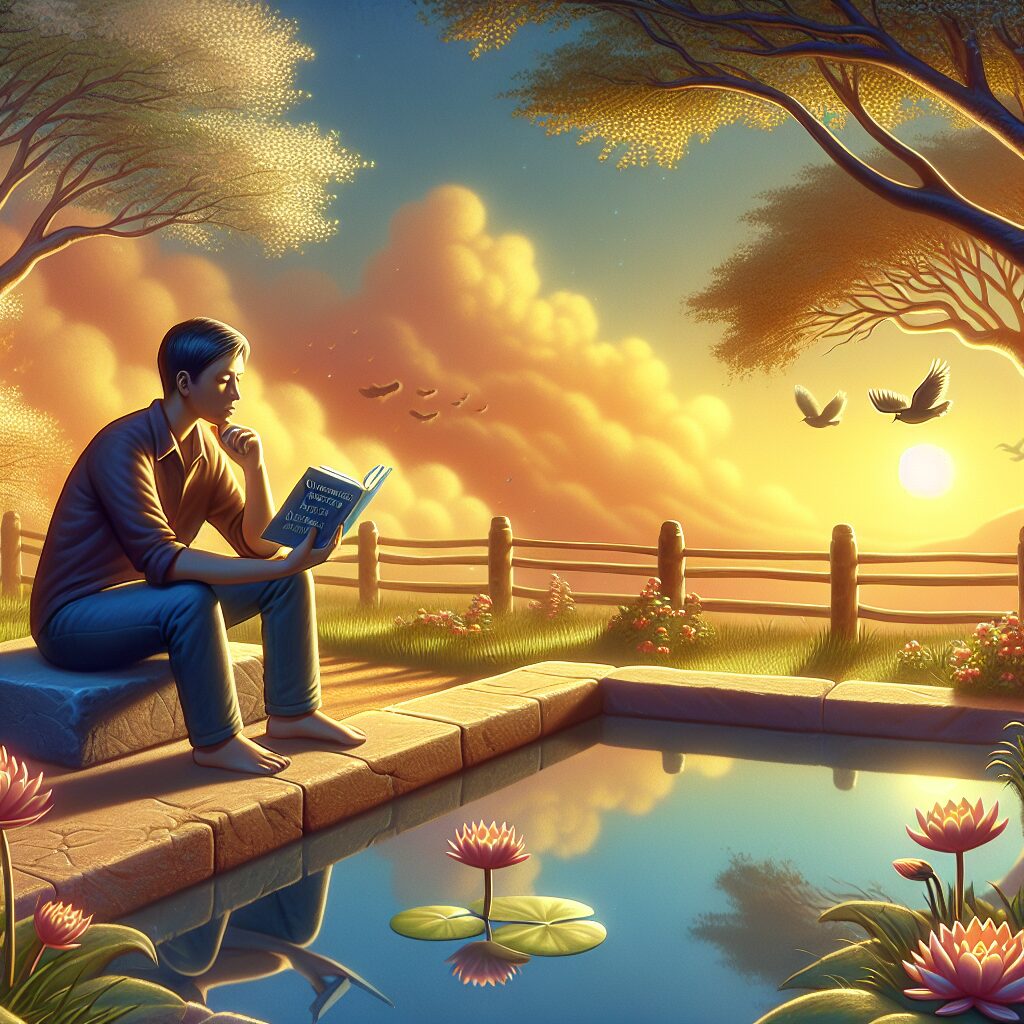 Depict a serene, contemplative setting, perhaps a tranquil garden with budding flowers and a reflective pool. A person of Asian descent sits thoughtfully on a stone bench, immersed in deep thought. They are holding a book in one hand featuring the title 'Understanding Unfounded Anger'. The sun is gently setting, symbolizing the end of a day, but also the end of an era of unexplained anger. In the distance, a bird is flying free in the sky, representing the freedom from negative emotions after introspection and transformation.