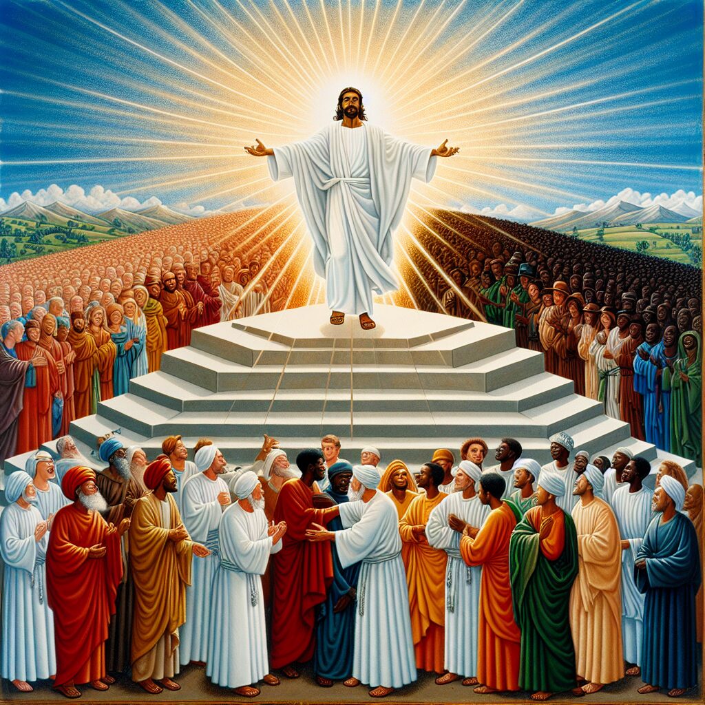 An artistic representation of a Middle Eastern man, dressed in white robes, standing on a hill under a bright sky, with outstretched hands. Rays of light are emanating from him, providing warmth to the polarized crowd gathered below. The divided group represents various descents including Hispanics, Caucasians, Black people, Middle-Easterns, and South Asians. Each of them shows signs of being touched by the transformative inspiration that man is providing in these polarized times. The image is majestic, peaceful, and symbolizes unity. The style is reminiscent of Christian medieval art, maintaining respect and solemnity.