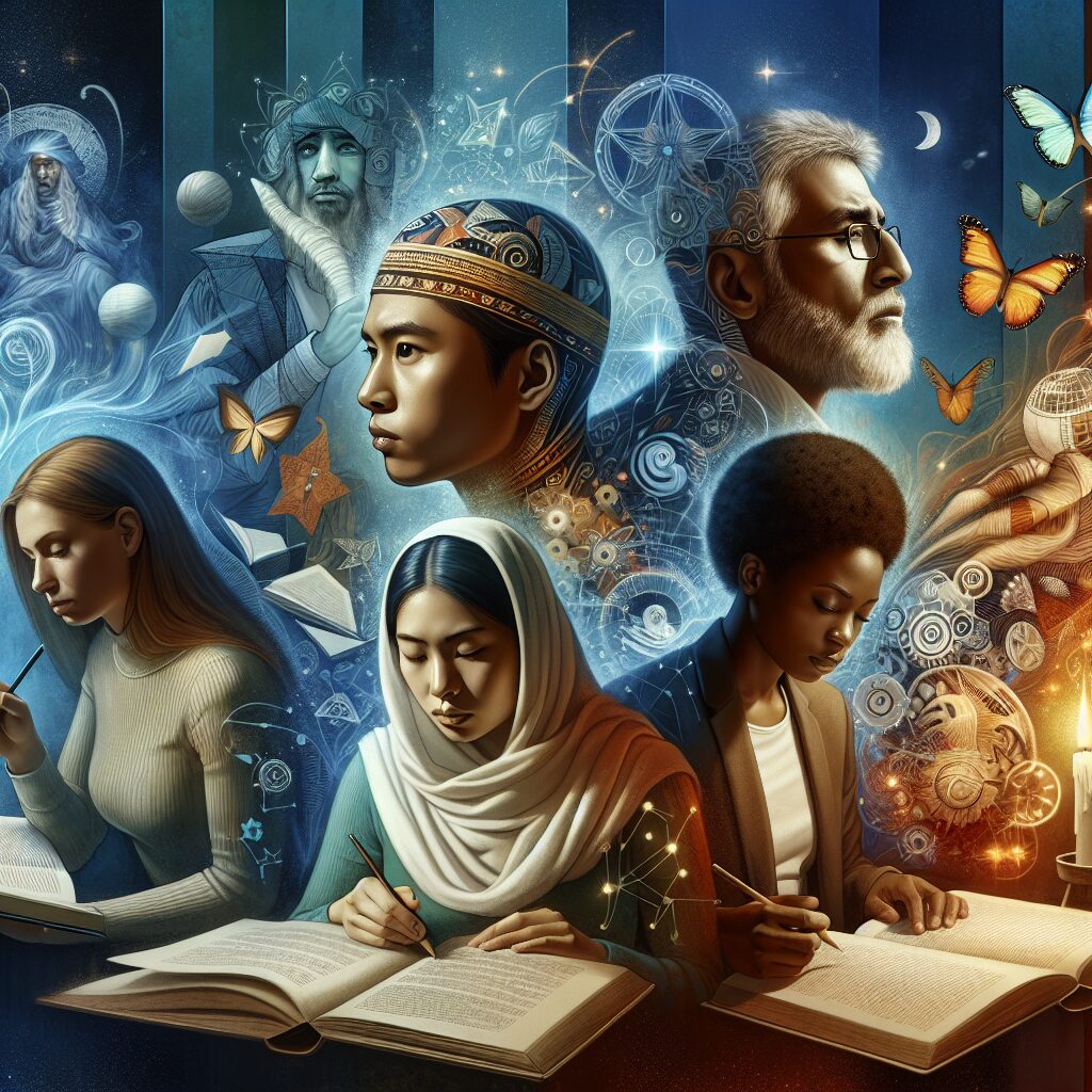 An inspiring and transformative scene depicting the act of studying. The image contains a diverse mix of individuals deeply engaged in their studies. An Asian woman and a Middle-Eastern man are studying literature, a Black woman is studying science and a Caucasian man is focused on studying art. Their faces show determination and passion as they are immersed in their books and notes. Around them, there's an aura of respect and adoration for knowledge and learning. The background contains symbols of knowledge and the transformative power it has, such as books, a lit candle, and a butterfly, symbol of transformation.