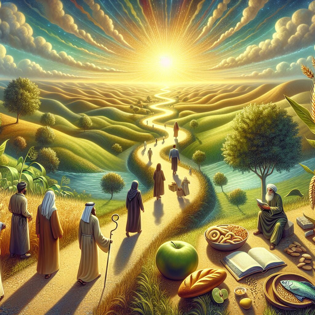 Visualize a picturesque scene that embodies spiritual prosperity and faith. Picture a winding path surrounded by verdant landscapes, leading towards a radiant, golden light signifying divine presence. Scattered along the path, envision symbolic items such as a book symbolizing wisdom, loaves and fishes symbolizing abundance, and an olive branch symbolizing peace. A few individuals of varying gender, one being a Middle-Eastern man and one a Caucasian woman, are on this path showcasing diverse walks of life. They are attentive, passionate, and show determination as they navigate this path of faith and divine economy.