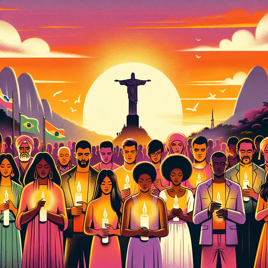 Vibrant illustration of diverse Brazilian people, of genders and races such as South Asian, Caucasian and Black, standing together in unity. Each one holds a candle, providing an alluring glow, with Brazil's iconic Cristo Redentor statue at sunset in the background. The sky is a blend of hues from orange to purple, signifying the transformation. On top, the phrase 'Oração Poderosa: União Transformadora em Favor do Brasil' is written in lustrous gold lettering.
