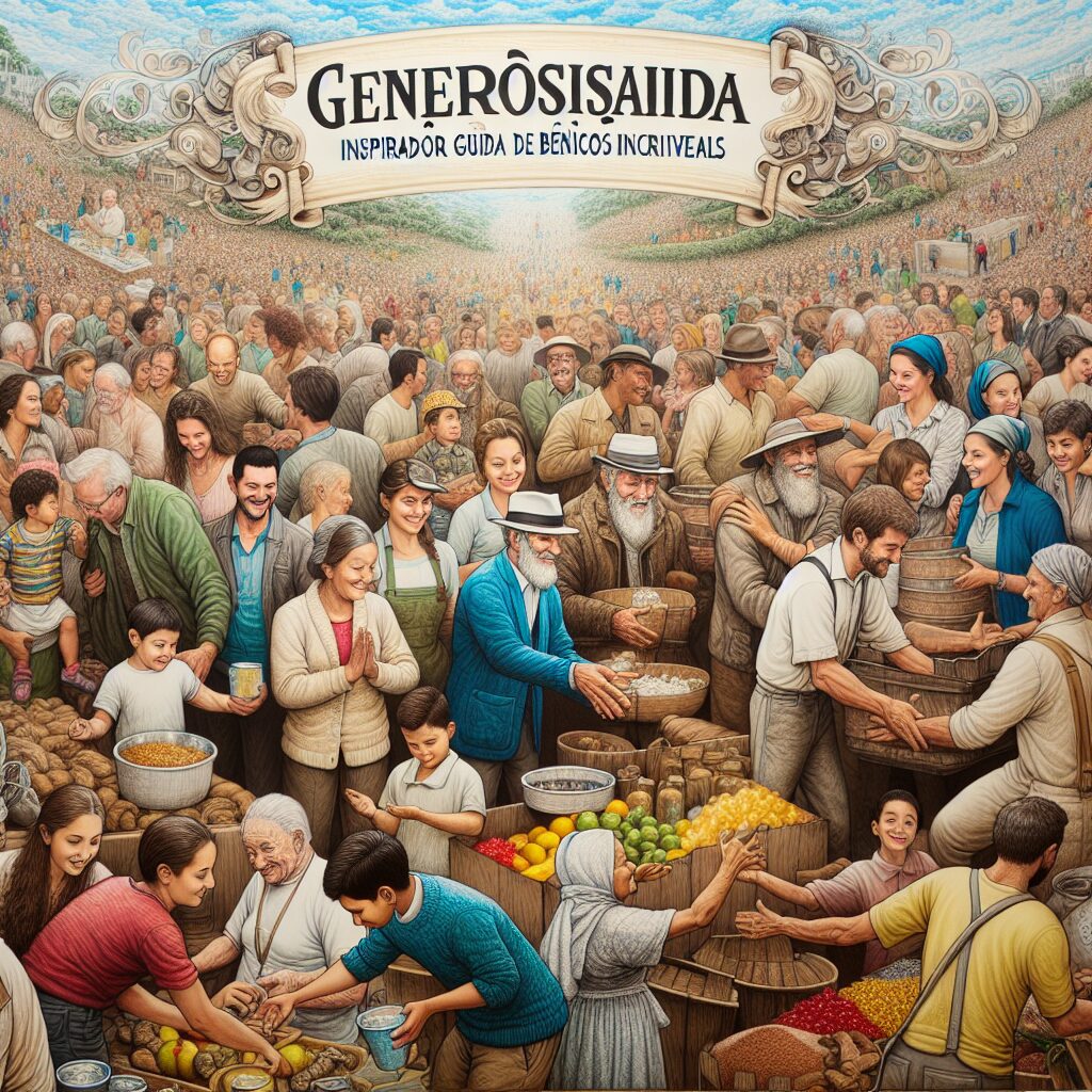 An impactful image showing a scene of generosity, where a group of people from various descents, such as Caucasian, Hispanic, and South Asian, are participating in different acts of kindness. Men, women, and children alike, are all engaged in giving and sharing with each other. Some are distributing food to the needy, some are helping the elderly, while others are planting trees for a better future. The atmosphere is filled with warmth, hope, and empathy, perfectly resonating with the theme of generosity. At the top, elaborate hand-lettering spells out 'Generosidade: Inspirador Guia de B&ecirc;n&ccedil;&atilde;os Incr&iacute;veis'.