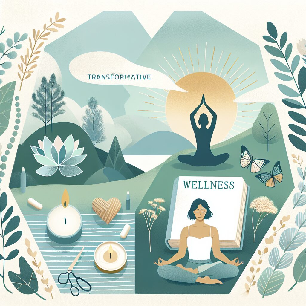 Create an image that visually encapsulates the concept of transformative self-care. Include elements such as a serene meditation space with an individual practicing yoga, a book about wellness, a nature scene suggesting peace and calm, all pointing towards a holistic approach to caring for the body. The individual practicing yoga should be a South Asian woman. The overall color palette should be soft and soothing, using shades of blue, green, and white, with a faint touch of golden sunlight to suggest an early morning routine.
