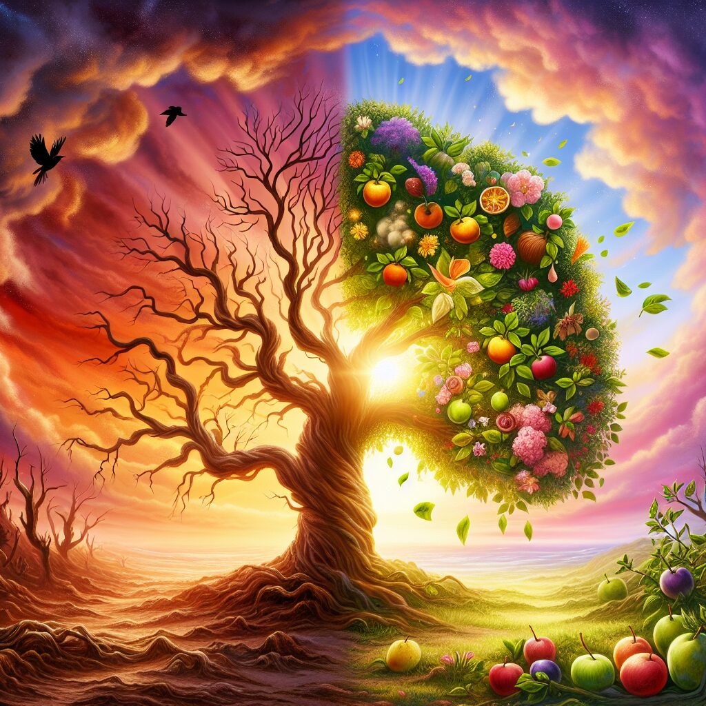 A glorious sunset setting the backdrop for a scene depicting a miraculous transformation. In the middle, there's a large, barren tree, with one side appearing dry and lifeless, and the other side flourishing with lush, green foliage, vibrant fruits and flowers. The fruits represent various types of abundance like love, peace, prosperity etc. Light from the setting sun is changing from harsh daylight into soft, warm hues, symbolizing transformation. A flock of birds are flying in the distance, their silhouette against the colorful sky adding to the beautiful, poetic canvas.