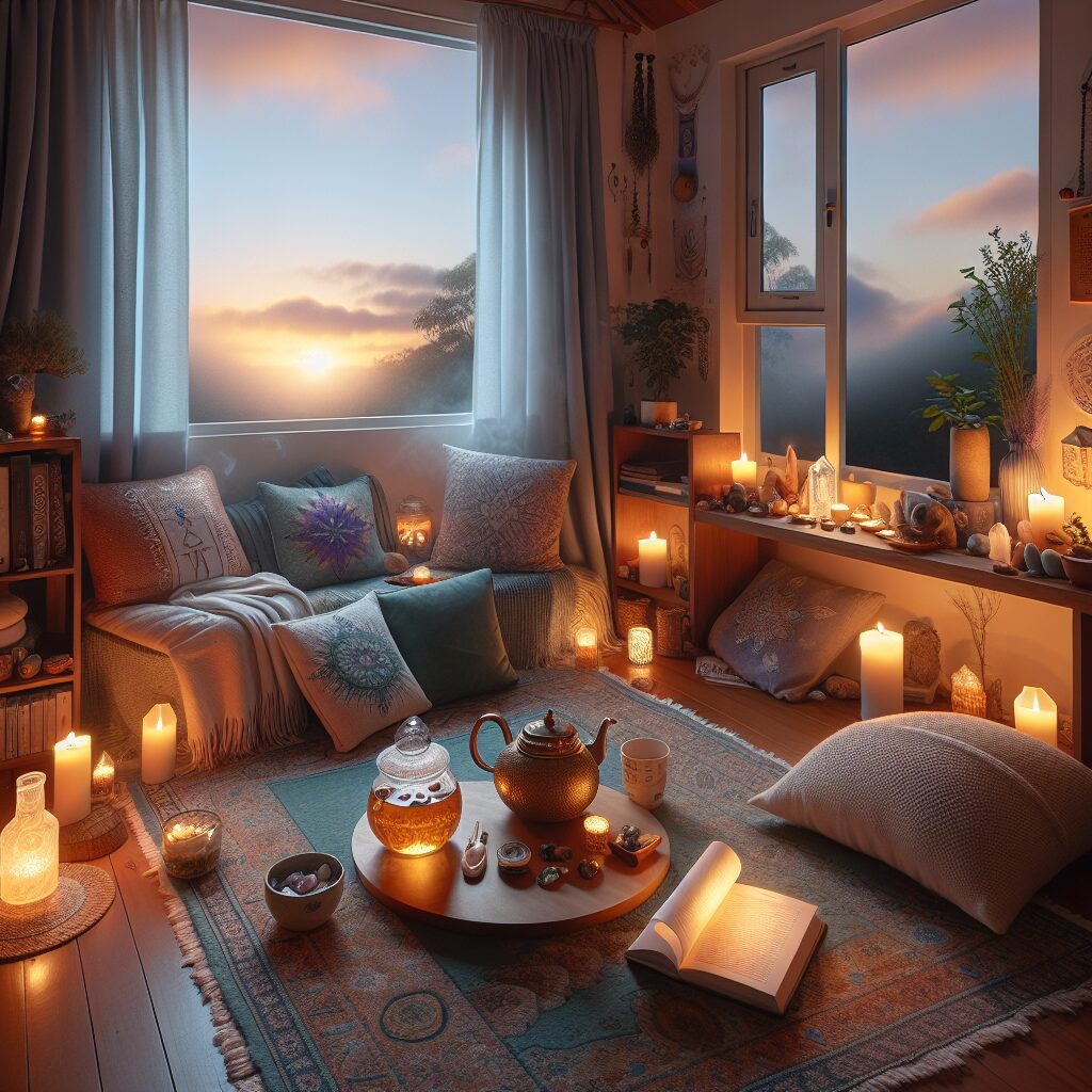 A serene and peaceful home-based setting designed for spiritual journeys. Feature a comfortable space adorned with elements of spirituality such as candles, crystals, religious texts, and a prayer mat. There are soft pillows for seating and a small table hosting a pot of herbal tea. The room exudes tranquility with low lighting, and the window curtains gently wave with the indoor breeze. Outside the window, a serene sunset paints the sky with calming hues. Lastly, a book titled 'B&ecirc;n&ccedil;&atilde;o: Descubra a Incr&iacute;vel Jornada Espiritual em Casa' rests on the table, capturing the essence of the homeowner's spiritual journey.