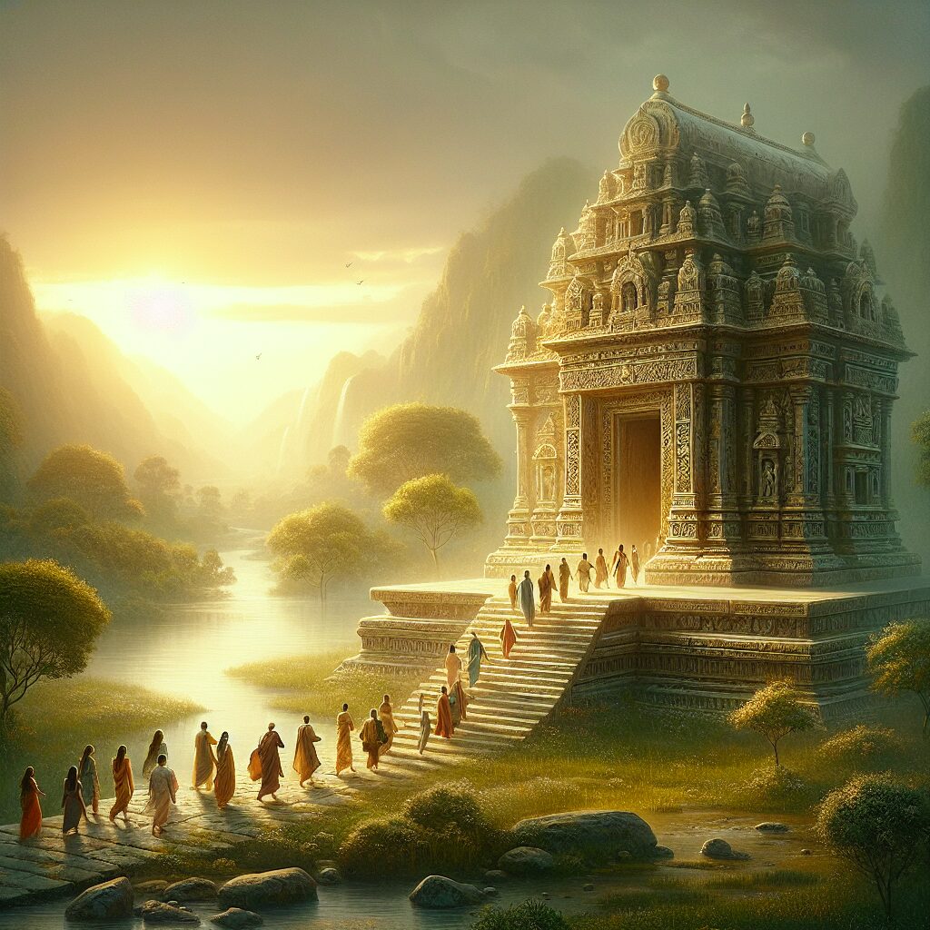 A serene and evocative scene portraying an inspiring journey of faith, featuring an ancient stone temple nestled amidst a lush landscape. The temple is ornate, with carved details, and bathed in the soft golden light of a setting sun. People of various descents and genders making their way up the steps of the temple, an expression of hopeful anticipation on their faces. Around them, the landscape is tranquil with verdant trees and a calm river flowing nearby, symbolizing their journey of faith and spiritual awakening.