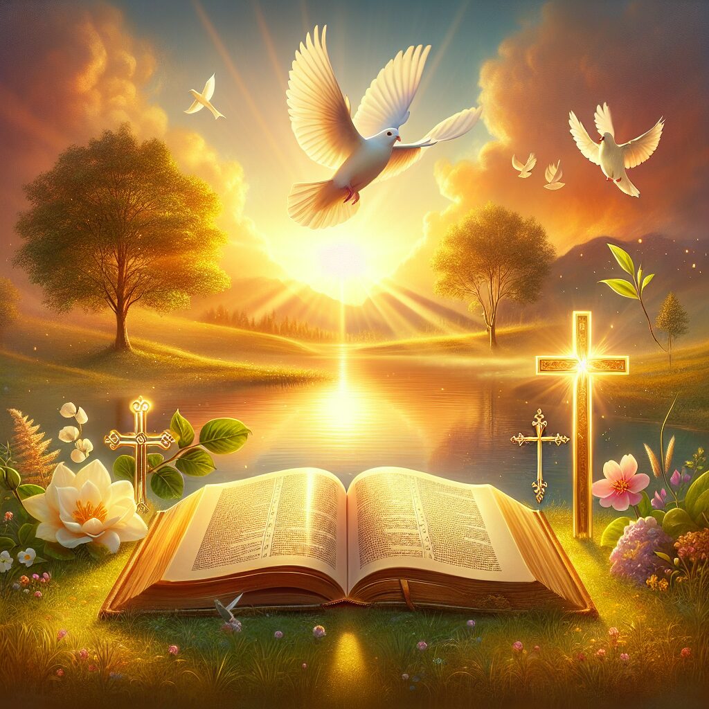 A serene, uplifting scene depicting a peaceful landscape at sunrise, with warm rays touching a calm lake. In the foreground, place an open book with glowing pages hinting at holy scriptures. Showcase symbols of faith, like a shining cross, a dove flying across the sky, and an olive branch. Consider elements of nature that signify growth and renewal, like blooming flowers and tall trees. Portray an overall theme of hope, peace, and spiritual enlightenment indicative of a blessed life.