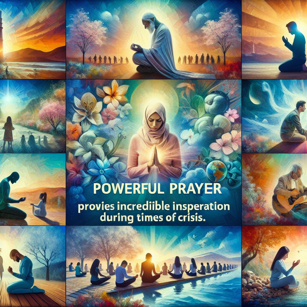 An image representing the concept of powerful prayer providing incredible inspiration during times of crisis. This might include a diverse mix of individuals, with various genders and descents, in a peaceful location. Some individuals could be depicted praying, while others might appear contemplative or hopeful. The scene should be serene and inspiring, possibly including elements of nature such as beautiful sunset, flowering trees or a soothing stream. The main theme being the power of prayer in uplifting and supporting individuals during challenging times.
