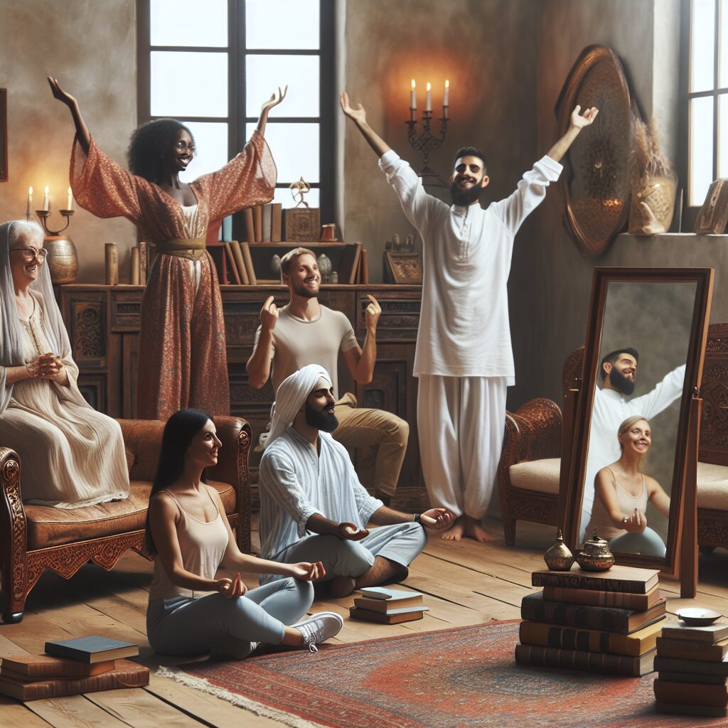 Picture an empowering scene of a diverse group of people in the centre of a room. An Middle-Eastern woman is joyously raising her hands while a Caucasian man calmly meditates. A South Asian man is proudly looking at his reflection in a mirror and a Black woman is happily dancing around. Ornate wooden furniture occupies surrounding space, giving off a homely vibe. Books on 'self-acceptance', 'inspiration', and 'self-esteem' are scattered intuitively around the room. Soft candlelight flickers and casts gentle light on everyone, embodying an aura of acceptance, tranquility, and inspiration.