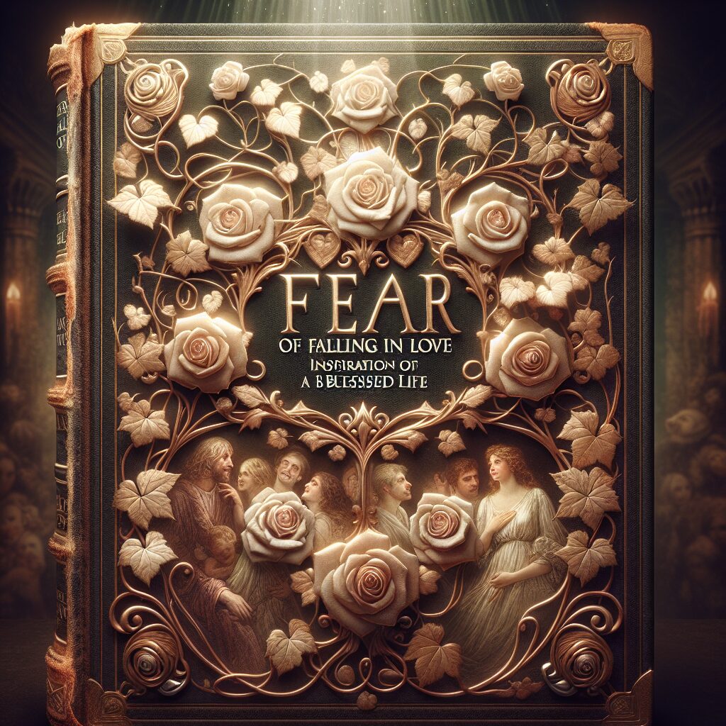 A portrayal of an exquisite antique book cover with an intricate design. The title 'Fear of Falling in Love: Inspiration for a Blessed Life' is prominently displayed in elegant gold letters in the center. Surrounding the title, a subtle yet complex floral design of roses and ivy intertwines, symbolizing the intricate web of human emotions. The background harbors faint, almost ethereal images of happy couples of various descents sharing tender moments of laughter, love, understanding, showing the blessings of love. Atmospheric lighting adds a mystical aura around the book, giving a sense of holiness and divine inspiration.
