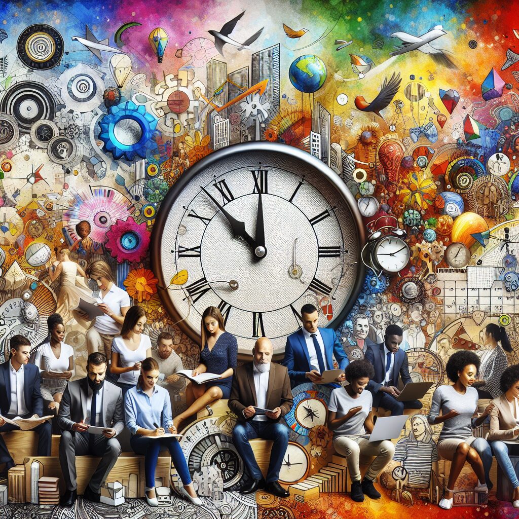 Create a dynamic image incorporating themes of present moment focus and the power of planning. Show a diverse group of people, with equal representation from different descents like Hispanic, Middle-Eastern, Black, and Caucasian, immersed in various activities that represent immediate life engagement. Integrate elements showcasing planning, perhaps through visual metaphors like calendars, clocks, or a compass. The backdrop can be vibrant, symbolizing the fullness and richness of living in the moment. The overall atmosphere should feel energetic, positive and optimistic.