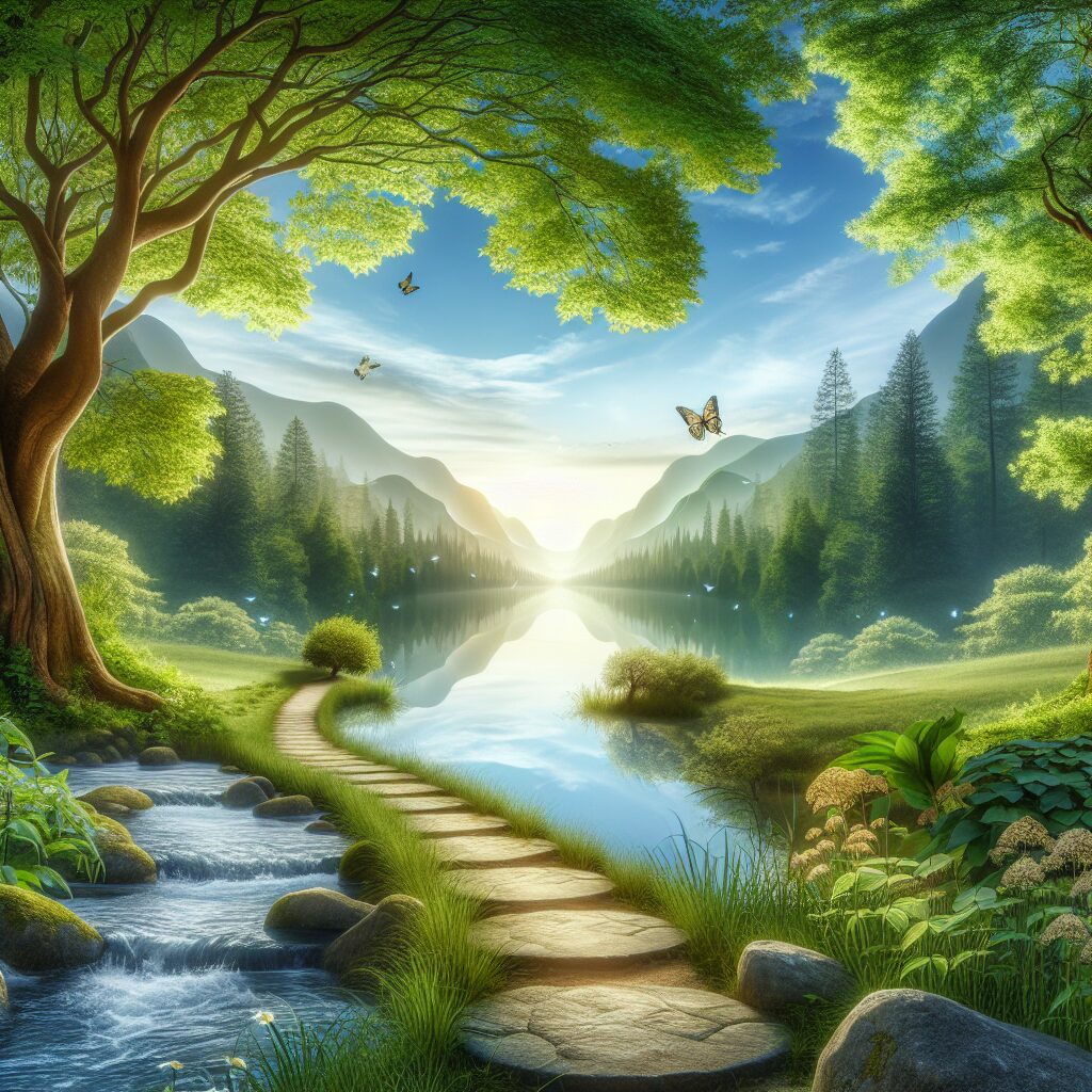 A serene and peaceful scene depicting the inspiring journey towards inner peace. Imagine a clean path leading through a serene forest with lush, vibrant green trees. Sunlight filters through the leaves, casting dappled light on the path. Next to the path is a tranquil stream, its water bubbling gently over smooth stones. In the distance, the mountains rise against a clear blue sky. Butterflies flutter by and birds chirp merrily, adding to the tranquility. This beautiful atmosphere embodies the inspiring journey to inner peace.