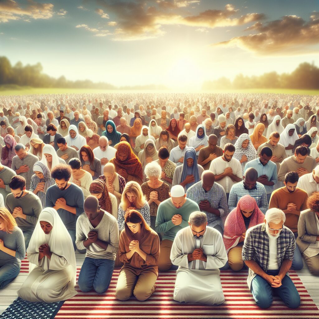 An inspiring image representing the concept of a prayerful fast for a blessed nation. Picture a serene scene of a large, diverse group of people, with individuals of different genders and descents such as Hispanic, Black, Middle-Eastern, South Asian, White and Caucasian, gathered in a peaceful outdoor setting. They're united in prayer, some kneeling and some standing, with their hands clasped and eyes closed, under a clear sky. A sense of calm and unity fills this scene, highlighting the strength found in diversity and shared spiritual devotion.