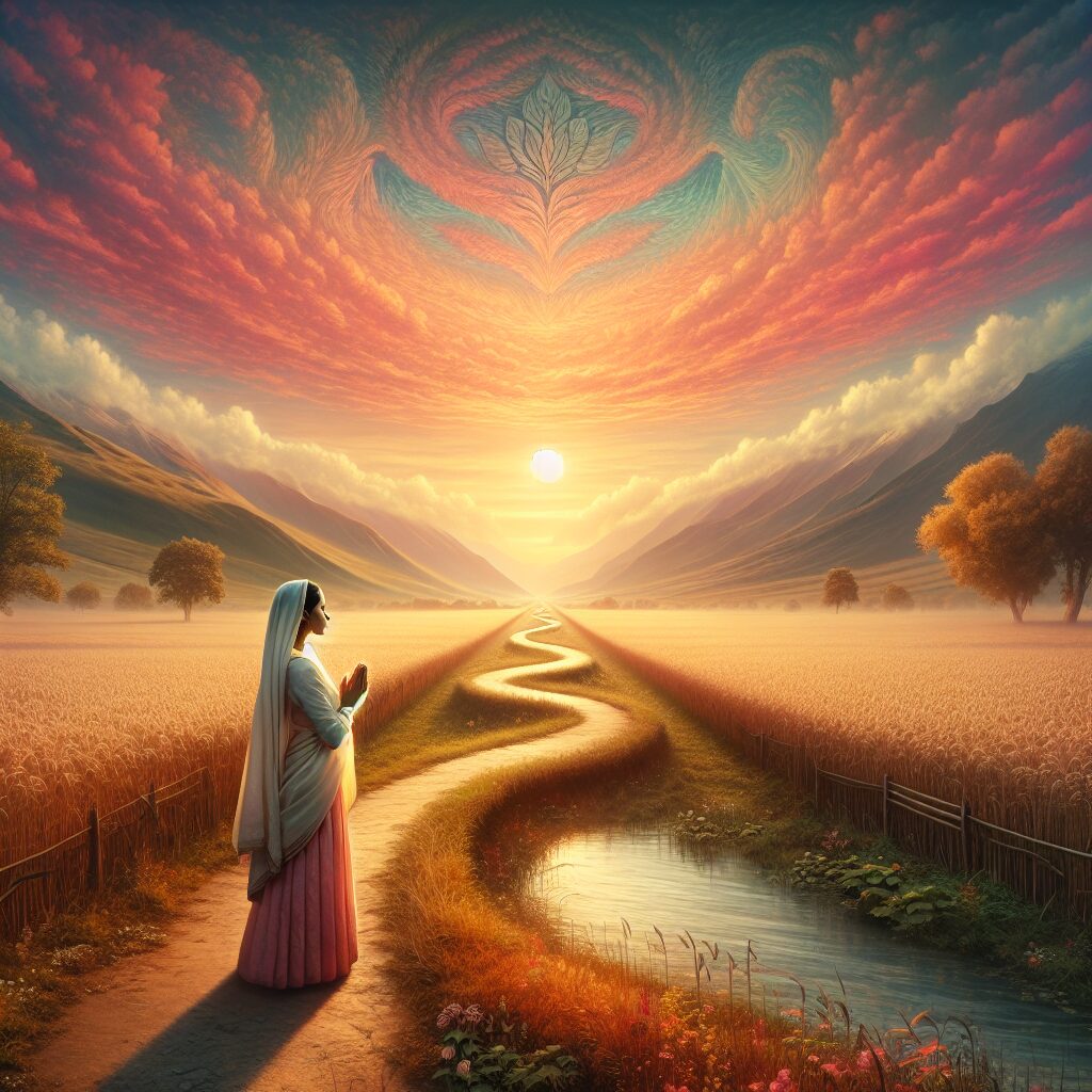 An inspiring image that encapsulates the theme of 'Thanking God: A Transpiring and Inspiring Path'. Picture a serene pastoral landscape at sunset, with a single narrow pathway meandering through it. At the ending point of the path, visualize a figure, a typical South Asian woman in her early forties, standing with her hands clasped together in prayer. She gazes skyward with a sense of peace and tranquillity, her expression evocative of gratitude and spiritual transformation. The sky above is filled with warm hues of pink and orange, suggestive of divine presence.