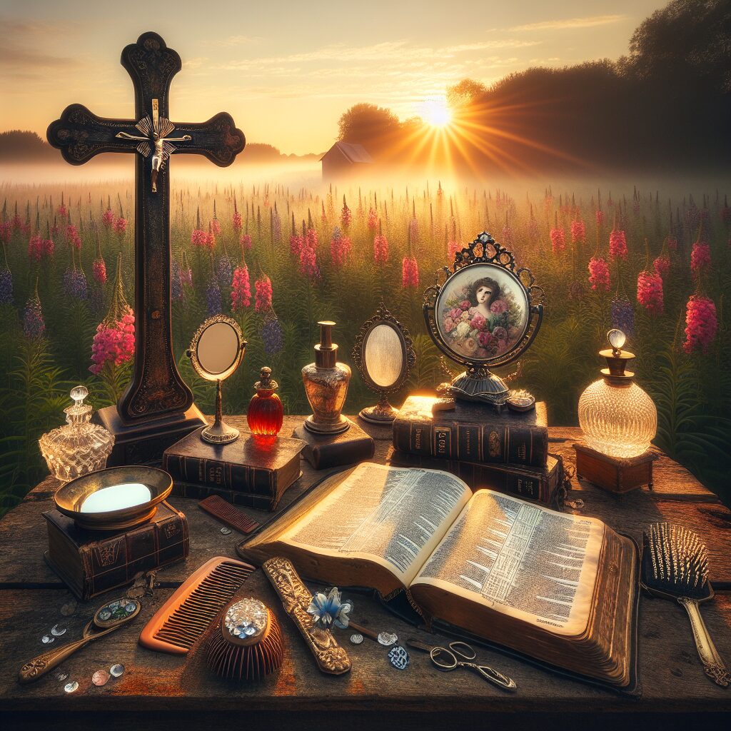An incredible inspiration for Christian life: Vanity. Imagine a serene scene at sunrise, highlighting a classic wooden cross standing tall amidst a field of blooming wildflowers. Nearby, a worn-out Bible rests on a rustic, weathered table, with various bookmarks and annotations visible on the open pages. Several elegant, old-fashioned vanity items like a hand-held mirror, a comb, and a perfume bottle, stand nearby, sparkling under the early morning light. They reflect the metaphoric vanity in the context of righteousness and humility. The scene conveys an intriguing balance between earthly vanity and spiritual devotion.