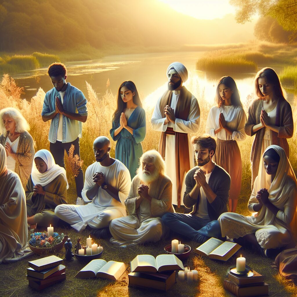 Create an image that depicts inspiring stories of faith. Include a striking scene of a diverse group of individuals from different descents such as Caucasian, Black, South Asian, Hispanic, and Middle Eastern, gathered in a serene, tranquil setting like a meadow or a lakeside. They should be participating in a peaceful moment of prayer or meditation, exemplifying their profound faith. Books, religious symbols, and soft, warm light can be added to reinforce the spiritual ambience and the theme of incredible testimonies of faith. Make sure the image emanates a sense of unity, solace, and spiritual strength.