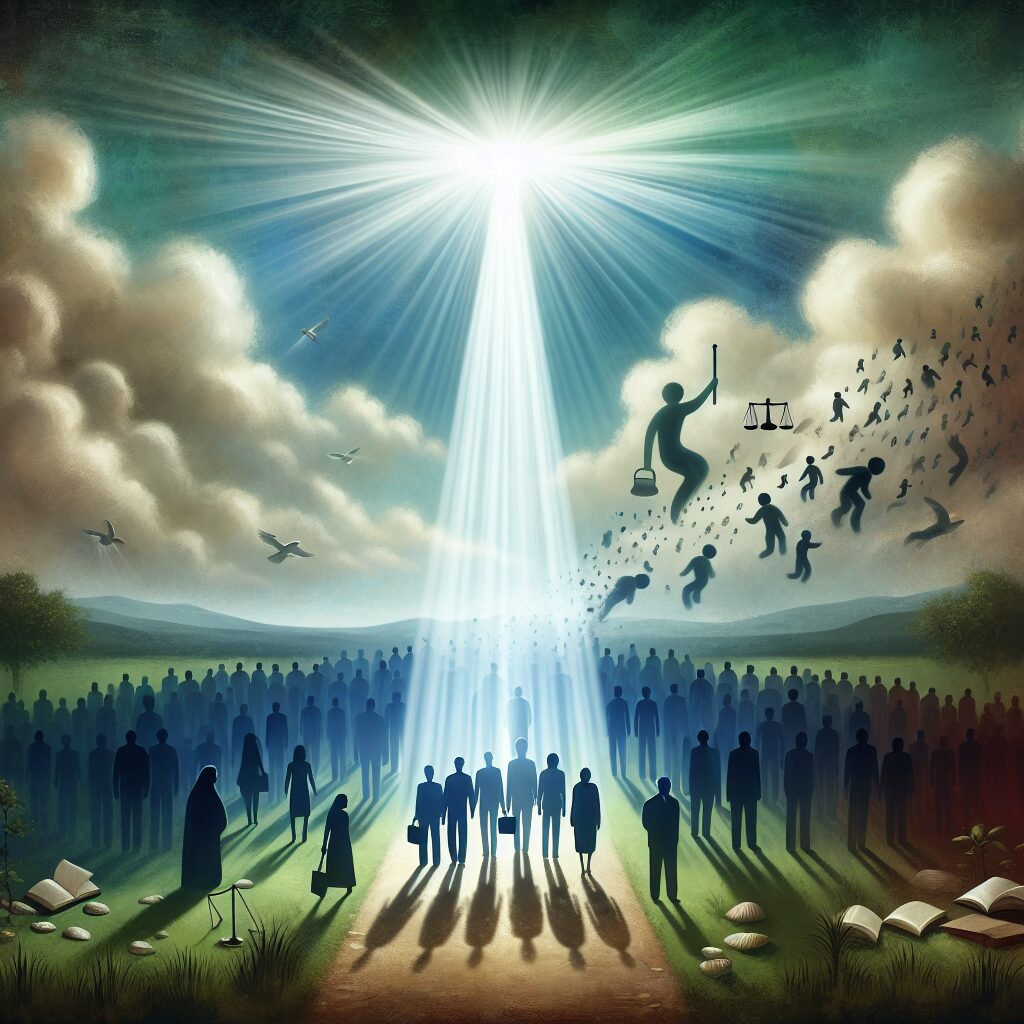 Imagine a calming scene where a bright, radiant light beam is descending from a partly cloudy sky. The expression of the 'transforming light' symbolizes the hope of change against corruption. There are shadowy figures representing corruption scattering and disappearing in the face of this inspiring light. At the center, enlightened human figures of diverse descents and genders stand, their faces illuminated with resolution. Include important symbols of justice and truth such as scales, open books, or gavels subtly incorporated into the scenery, emphasizing a universal call for integrity.