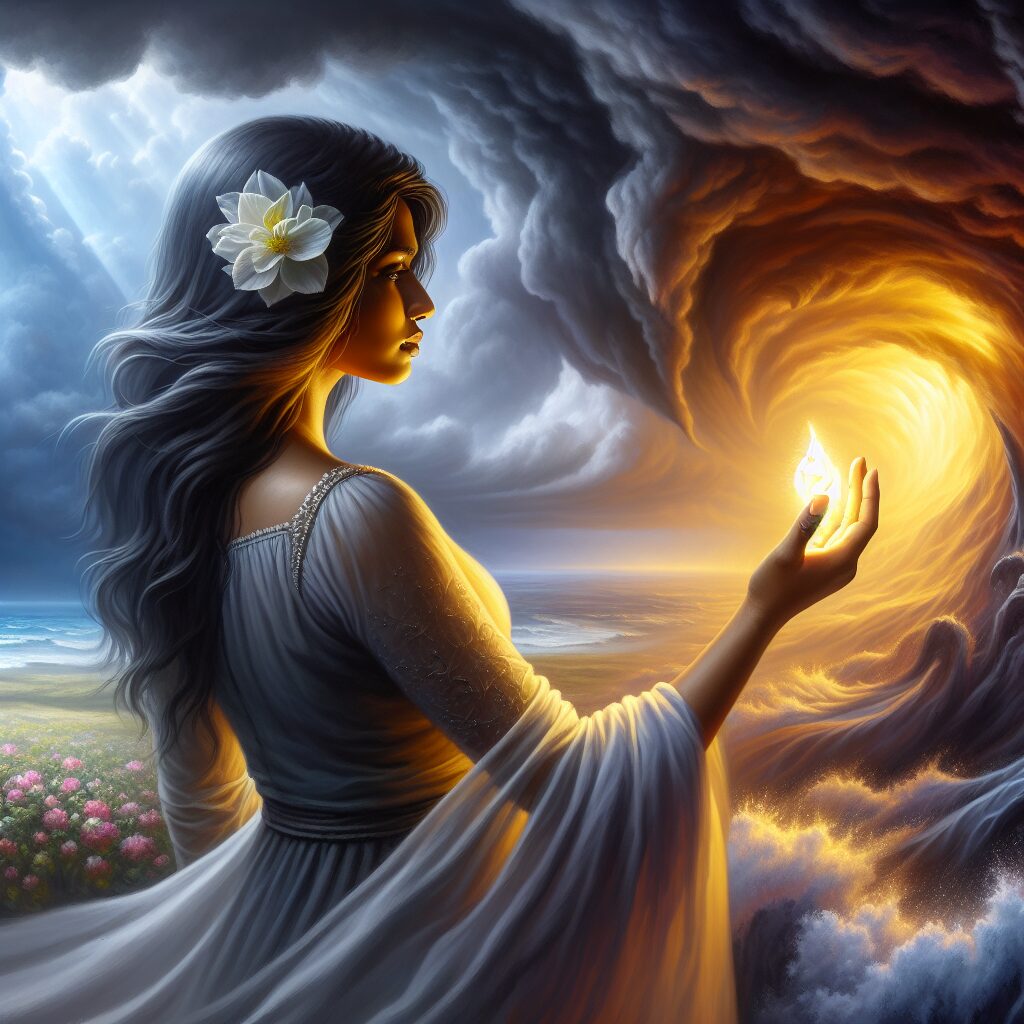 A visually compelling depiction of transformation and the power of faith for an editorial piece. Showcase a South Asian woman standing strong in the midst of a storm, symbolic of criticism, with the storm somewhat dissipating or changing color and intensity around her indicating an inspirational rearrangement. In her hand, she gently holds a glowing seed of faith. The background should feature an evolving sky and landscape and offer a context of hope, strength and resilience. The style should be figurative, with dramatic lighting and the primary medium used should be oil painting.