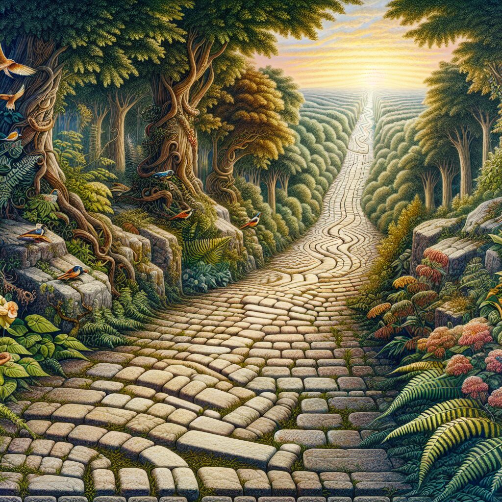 A detailed illustration of a complex, winding path laid out in front of you. The path features a diverse array of flora and fauna, with songbirds in the trees and luxuriant ferns lining the track. The path itself is made of ancient cobblestones and worn bricks, showing signs of long use. In the distance, a beautiful sunrise or sunset is visible, casting gold and orange hues upon the path. The scene is meant to evoke feelings of exhaustion but also inspiration and blessings, perhaps a metaphor for the journey of life.