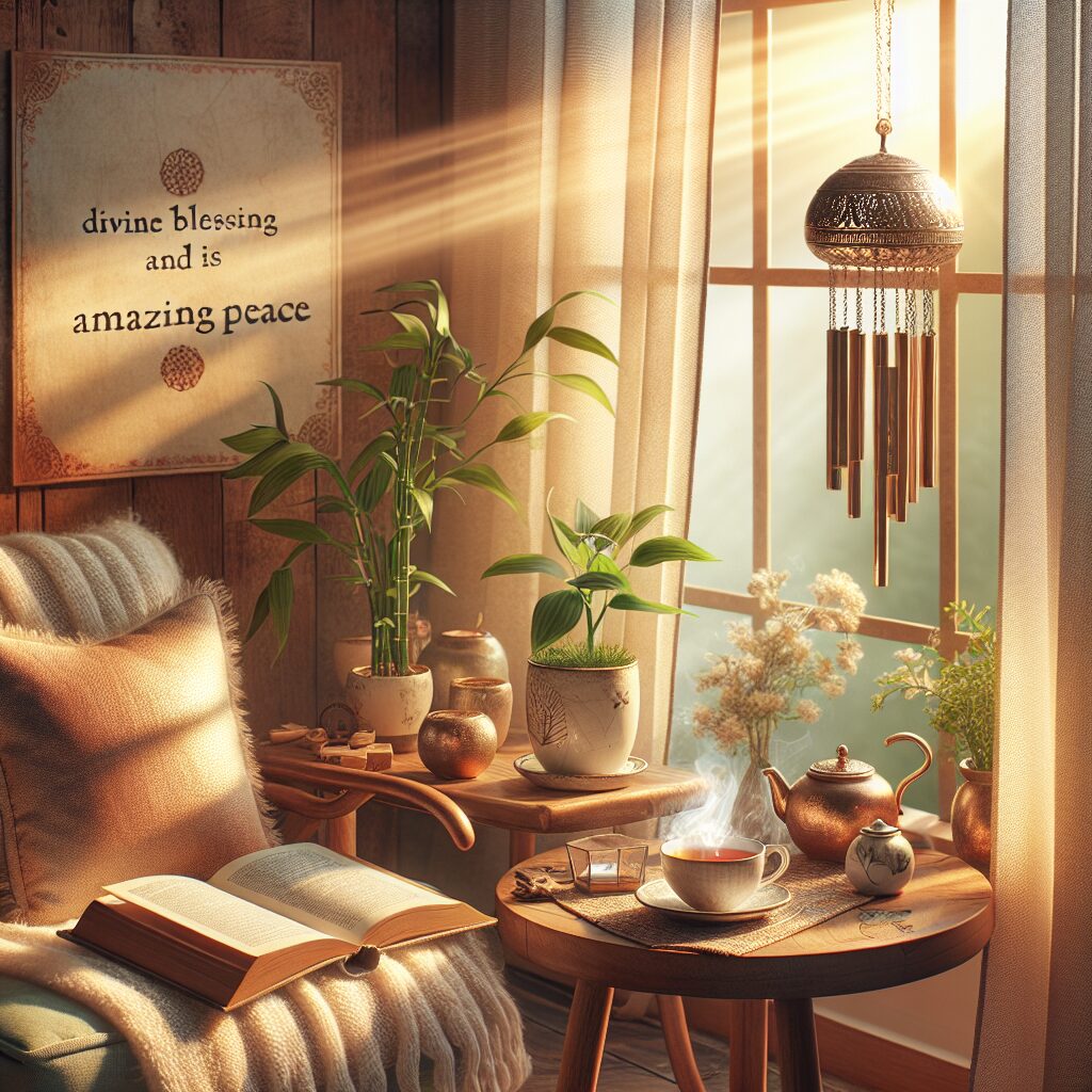 A serene and peaceful home environment bathed in warm sunlight. There are symbols of harmony and tranquility such as a bamboo plant, a shimmering chime hanging in the breeze by a window, and a couple of plush pillows resting on a comfortable chair. Nearby, an open book lies on a wooden side table, its pages revealing an inspiring guide. A small cup of herbal tea gives off a light steam, contributing to the tranquil atmosphere. Include subtle details to express a sense of 'divine blessing' and amazing peace.