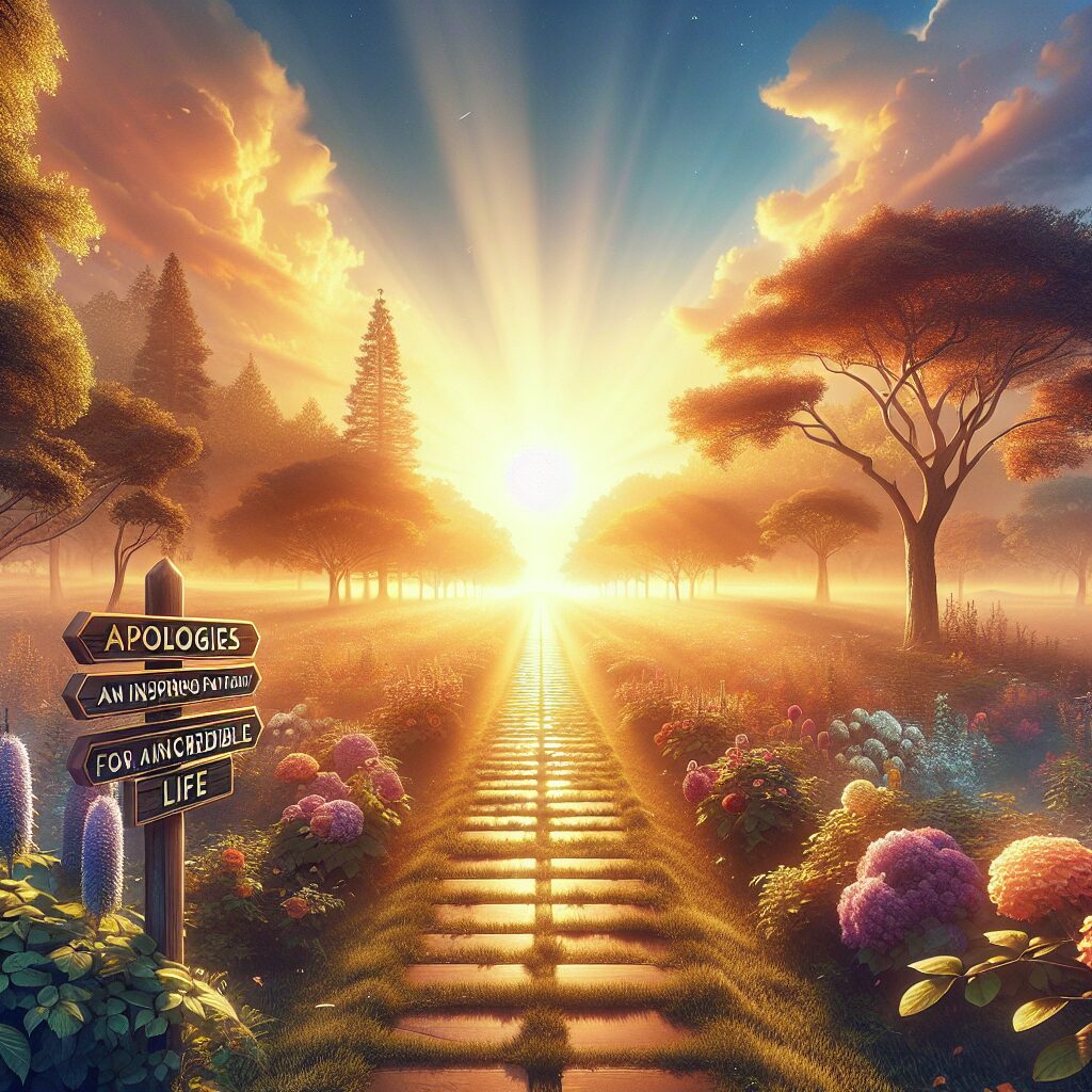 Visualize a stunning and inspirational path, bathed in the soft glow of sunlight, leading towards a horizon bathed in warm colors. The path is lined on both sides with lush greenery, blooming flowers and tall, majestic trees. In the center, a signpost welcomes travelers with the message 'Apologies: An inspiring pathway for an incredible life' engraved on it, subtly indicating the essence of the article. Above, the sky slowly transitions from a bright blue at zenith to a golden hue near the horizon where the setting sun's rays strike. An aura of peace and serenity envelops the scene.