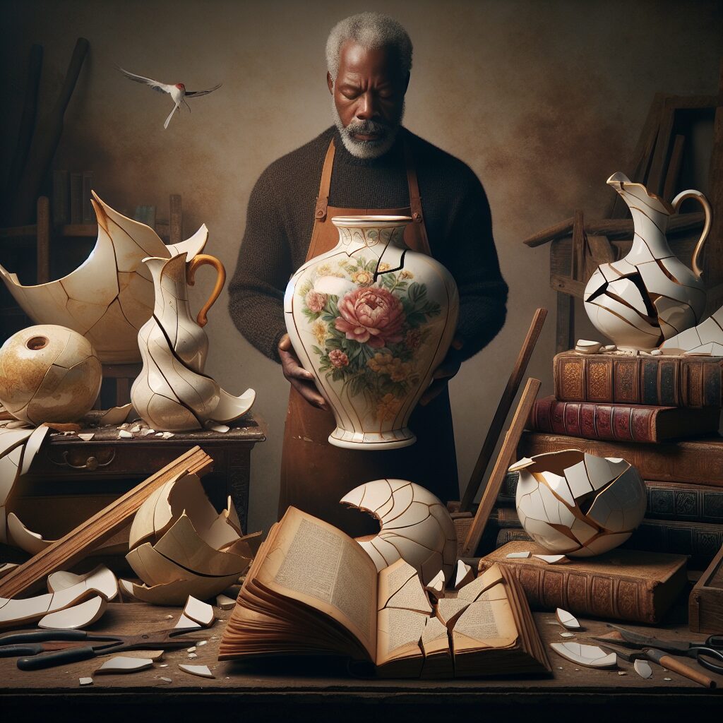 An evocative scene portraying an array of broken objects, each with their own distinct characteristics. Among these, a shattered porcelain vase with a detailed floral pattern, a torn old book with weathered yellow pages, and a cracked wooden chair. Each piece suggests an inspiring transformation, as they’re not simply discarded but being meticulously restored. Picture the person restoring them as a middle-aged, Black man with a meticulous gaze, reflecting a sense of wisdom and resilience. The backdrop is a softly lit, tranquil workshop filled with tools, further enhancing the depiction of change and transformation.