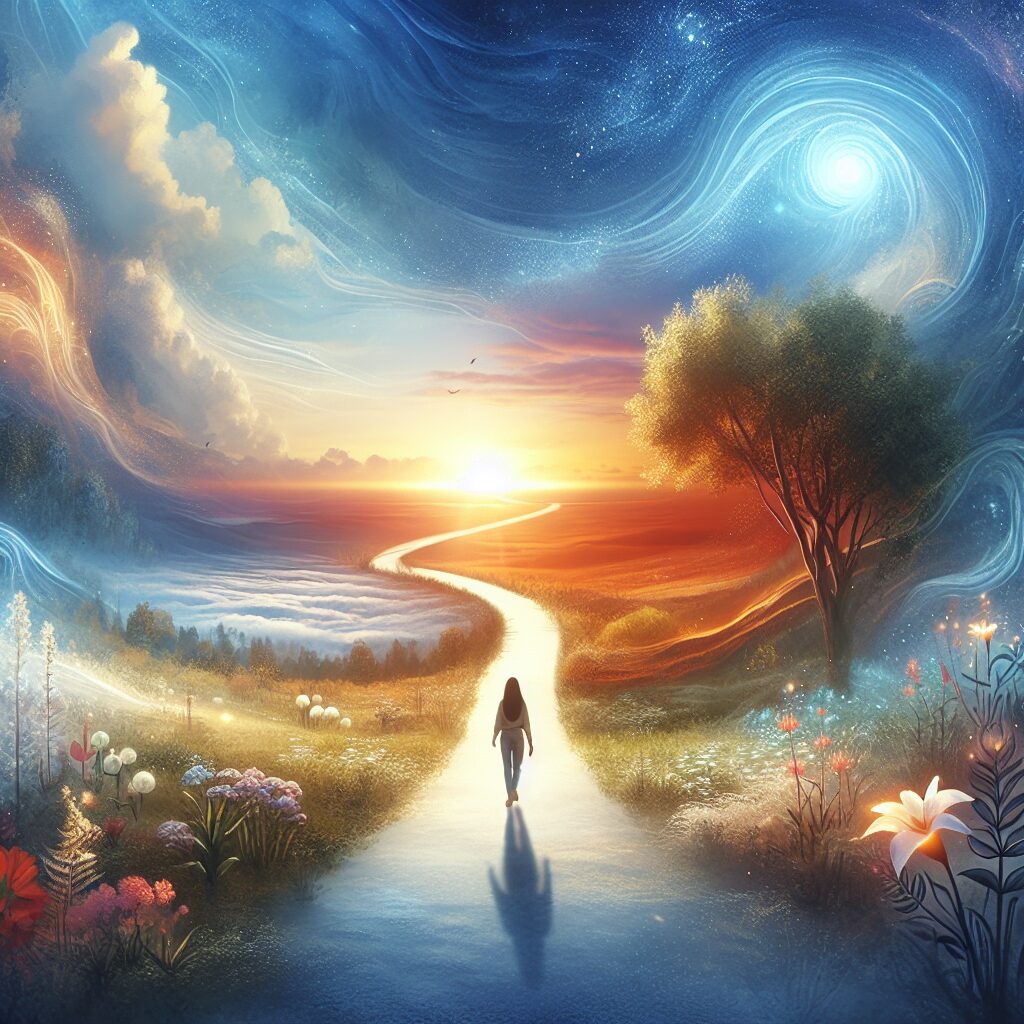 A serene scene representing self-love and discovery. Imagine a serene landscape with an open path leading towards a bright, warm sunrise, symbolic of an inspiring and blessed journey. In the foreground, a single figure can be seen. They are of South Asian descent, ambling slowly, and appear content and peaceful, symbolizing comfort in one's own company. Around them, the scenery is vibrant and alive, with flowers blooming and trees swaying gently in the breeze, suggesting vitality, diversity, and beauty in solitude.