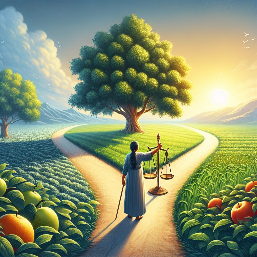 A scene that depicts the importance of making hard decisions in a way that inspires blessed living. In this image, a person of South Asian descent is standing on a path that forks into two. In one hand, they hold a balance scale, symbolizing the weighing of choices. To the side is a large tree with abundant fruits, depicting prosperous and blessed life. The sky is clear with a bright sun shining, and the landscape around the path is green and vibrant, representing hope and inspiration. The overall atmosphere is calm yet charged with the anticipation of making a crucial decision.