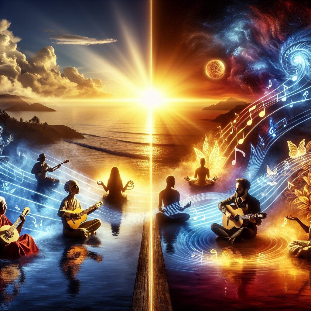 Imagine a captivating scene representing inspiring music. The image is split horizontally to depict two scenarios. The top half shows a stunning sunrise over a tranquil ocean, the golden rays reflecting and dancing on the surface, symbolizing the uplifting tunes of harmony. The lower half embodies people from different descents - an elder South Asian woman, a young Caucasian man, and a Hispanic child - each immersed in their own world, interacting with various musical instruments, portraying their souls being elevated through the power of music. They emit an aura of unique colors signifying various genres of music.