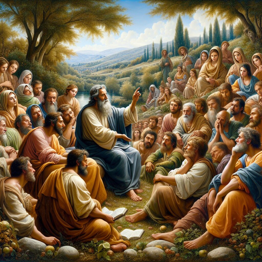 An inspiring portrait of a historical religious figure, perceived as a great leader, teaching a diverse group of attentive followers. He emanates a calming aura and profound wisdom, displayed through his actions and words. The scene takes place in a peaceful, natural setting with lush greenery, and blue skies overhead. The followers' faces reflect a variety of emotions, such as admiration, deep contemplation, and faith. Similar to the way, artists from the renaissance era depicted such an inspiring scene, focusing particularly on the emotional intensity, variety of human expressions, and a detailed depiction of natural landscapes.