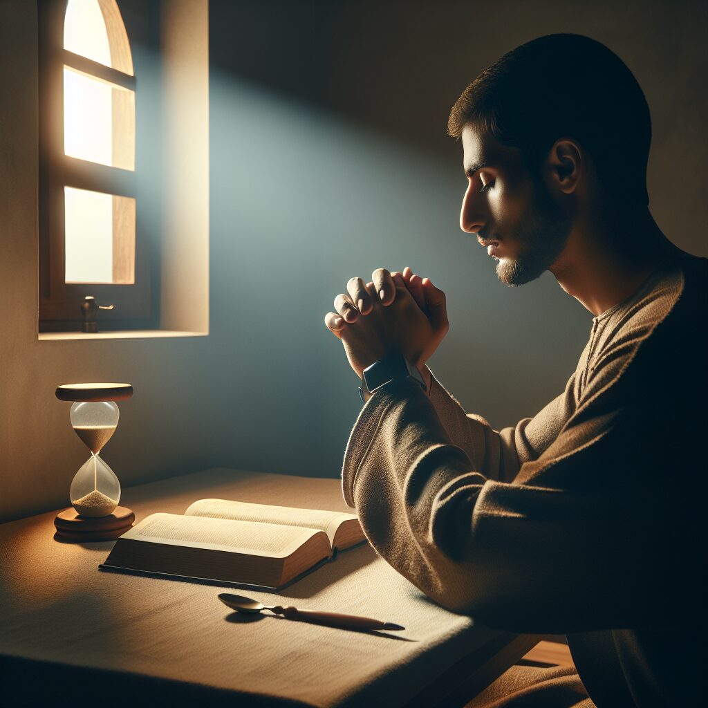 A serene image representing the concept of fasting in a religious context. It shows a deeply engrossed person, of Hispanic descent and non-binary gender, sitting peacefully with closed eyes in a calm and quiet room. Their hands are gently folded together as if in prayer. Light from a single, small window illuminates the room with subtle warmth. Nearby, a simple table is present with an open, unread book, and an hourglass indicating the passing time.