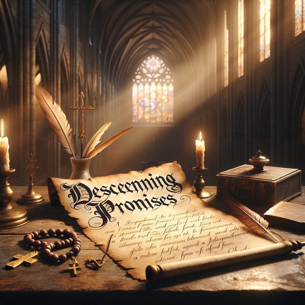 An old parchment laid on a wooden table with a quill and inkpot placed next to it. Written on the parchment are the words 'Discerning Promises: An Inspirational and Blessed Guide in Faith' in fancy calligraphy. Around the parchment, there are religious symbols like a cross, prayer beads, and a dove. Dim candlelight illuminates the scene, creating a peaceful and pious atmosphere with gentle shadows. The background reveals lofty cathedral ceilings, bathed in a soft golden hue emanating from the setting sun through the stained-glass window. The mood evokes a sense of reverence, solitude, faith, and introspection.