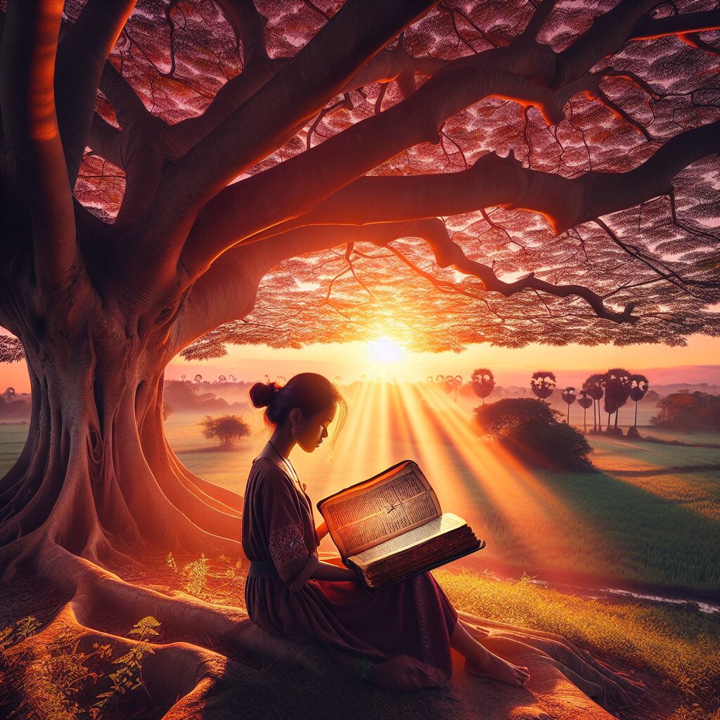 A serene landscape during sunset, featuring a sprawling tree with strong bristles and vibrant leaves. Underneath the tree, a woman of South Asian descent, dressed in casual attire is reading a large, old book believed to be the Bible, considering the visible cross on the cover. The sky is awash with hues of orange and pink, offering a picturesque backdrop. Rays of the setting sun filter through the pages of the book she's reading, creating an almost ethereal lighting. She appears to be deeply engrossed in reading, suggesting the book is offering her some profound and inspiring lessons.