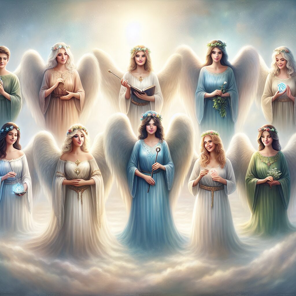 An enchanting image of seven angels, each one conveying a distinct positive emotion such as love, hope, courage, peace, wisdom, joy, and faith. They are portrayed in a serene and heavenly environment, with a gentle light permeating the scene. Each angel holds an object that symbolizes their corresponding emotion. The overall style of the scene is mystical and divine. Please include a variety of genders and descents amongst the angels.