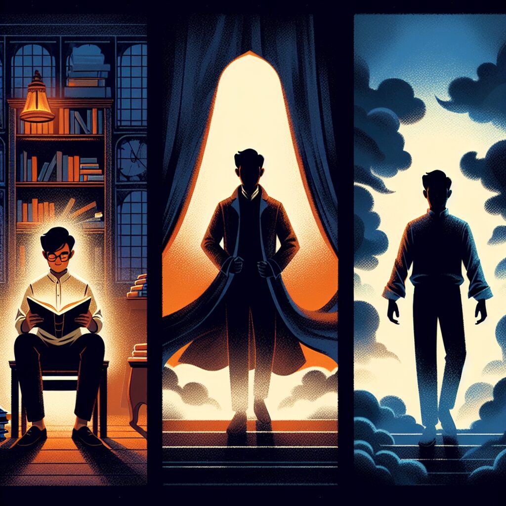 Illustration capturing the concept of finding inspiration and transformation in the identification with villains. Create a three-part image with an atmospheric background. On the left, depict a person of South Asian descent, reading an ancient text inside a dimly lit study, expressive of curiosity. In the middle, show a silhouette of an ambiguous villain character standing under a stormy sky, denoting darkness and conflict. In the right, show the same person, now of Eastern Asian descent, in brighter lighting, confidently posing as if the villain's traits have encouraged personal growth and transformation. The illustration should hold a deep, introspective mood.