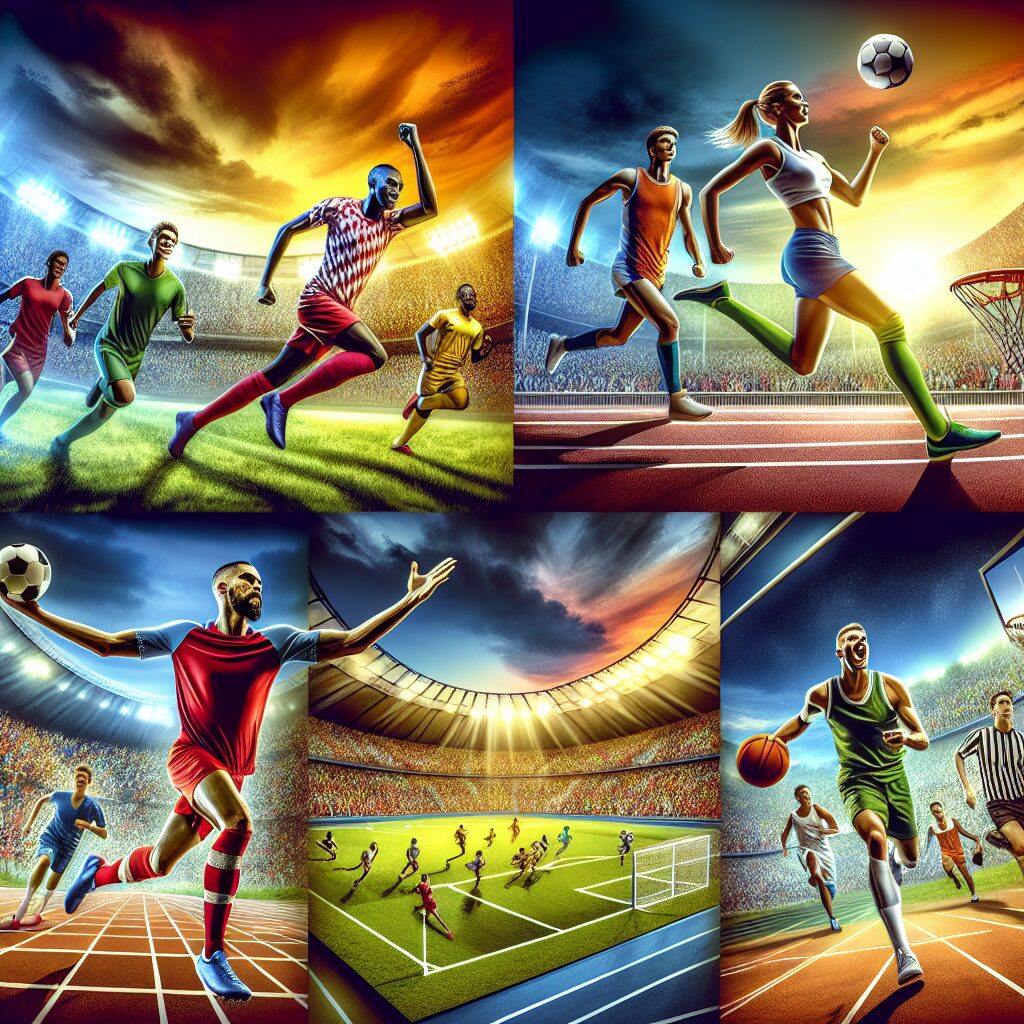 Inspirational scene showing a diverse athletic competition with athletes demonstrating awe-inspiring courage in each game. The image should feature several sports fields with athletes of diverse races and genders, the crowds cheering enthusiastically in the background, and bold, vibrant colors to highlight the energy and excitement of the games. In the foreground, a soccer player energetically advancing the ball up the pitch, a sprinter breaking the finish line with determination, and a basketball player leaping for a slam dunk, embodying the phenomenal faith and the spirit of the games.