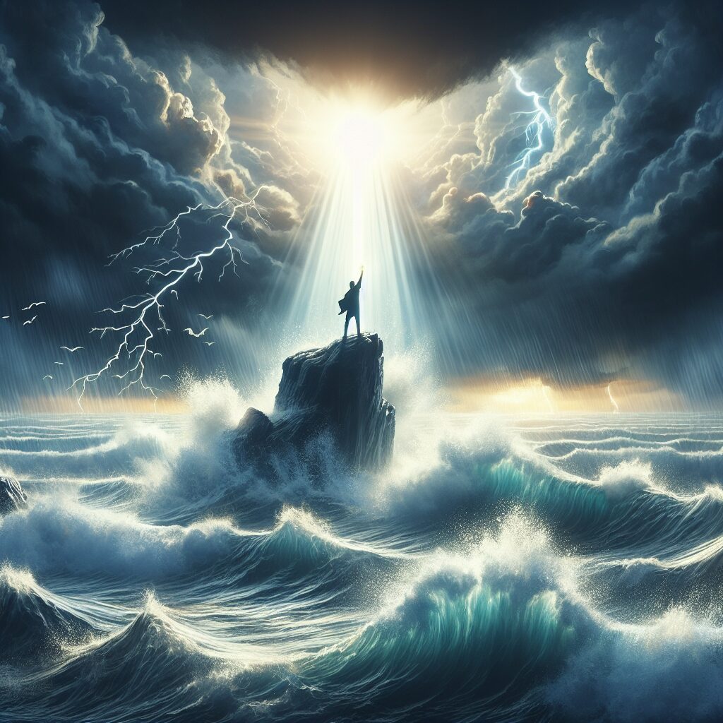 A beautifully illustrated digital image for a highly evocative topic: 'Clamor for God: Transformative Inspiration in Chaotic Times'. The scene perhaps captures a tumultuous, stormy sky, embodying chaos, contrasted with a silhouette of a lone person standing on a rock, their arms raised high in desperate pursuit of higher assistance. The turbulent ocean waves crash around the rock, compounding the visual intensity. In these dire situations, emanating from the person is a brilliant beam of light, illustrating the transformative inspiration, flowing towards the heavens, symbolizing a hopeful connection with the divine.