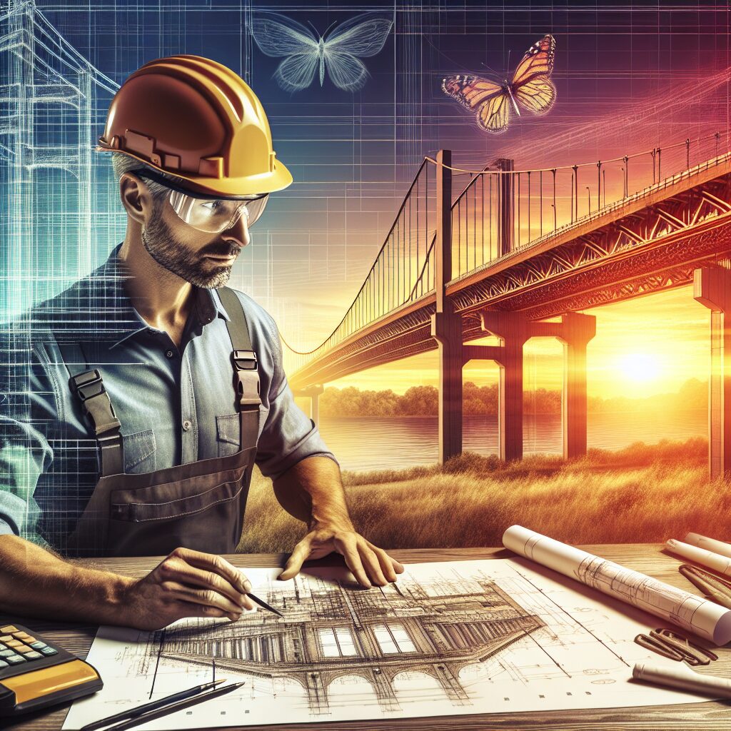 A shared scene of inspiration and dedication in engineering. Picture a Caucasian male engineer, equipped with a hard hat and safety glasses, using detailed architectural blueprints. He's built a bridge outlined by the setting sun, merging aesthetics and functionality. Bonus points if the scene incorporates a symbolic element such as a butterfly, which represents transformation and faith. Use a vibrant color palette to emphasize the dynamic nature of the scene.